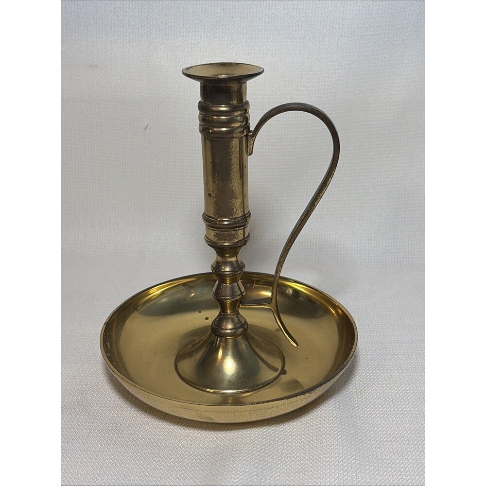 Vintage Brass Chamber Candlestick Holder with Handle Colonial Style 7.5”